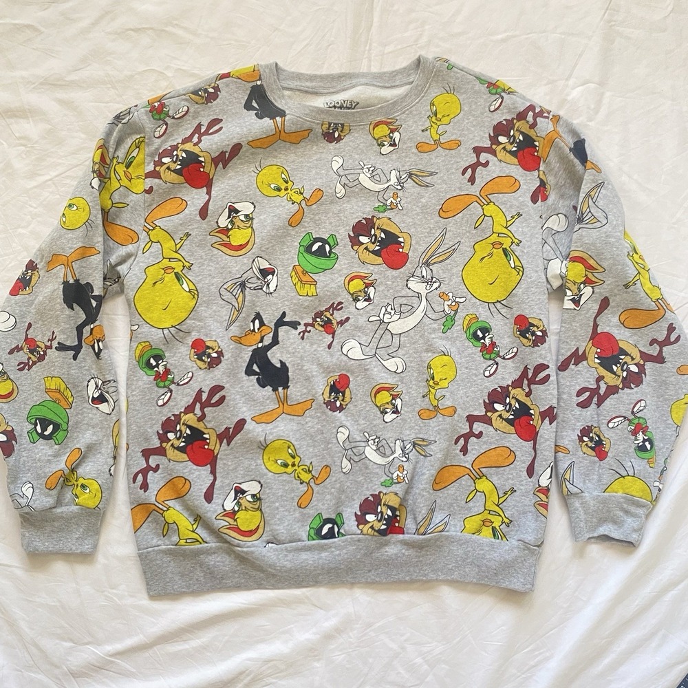 Looney Tunes Character Sweatshirt Long Sleeve Graphic Gray Unisex Size Small